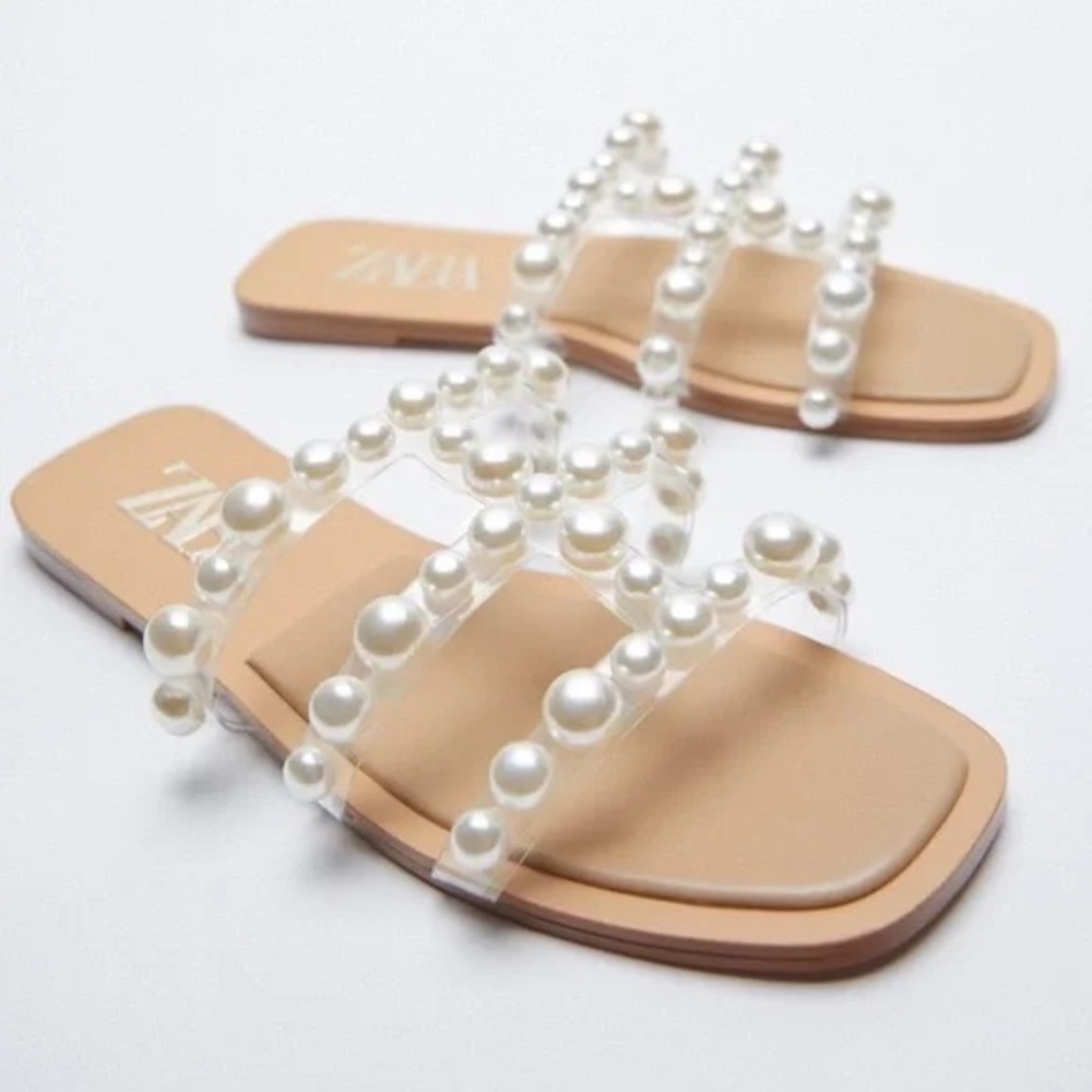 Zara Pearl-Embellished Clear Strap Sandals with Nude Footbed